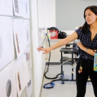 students looking at work on a classroom wall